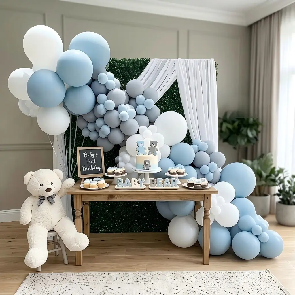 145pcs Dusty Blue Balloon Garland Kit - Macaron Blue, White & Grey Balloon Arch for Bear-Themed Baby Shower, Birthday Party Decorations - Includes Latex Balloons & Arch Supplies