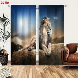 2D Flat 2-Pack Nature Lion Scene Curtains, Light Brown Gray Mane Lion on Earth-Toned Rock with Mountain Sky Backdrop, Golden Eye Alert Lion Decor for Living Room Bedroom, Light Filtering Thermal Insulated Drapes