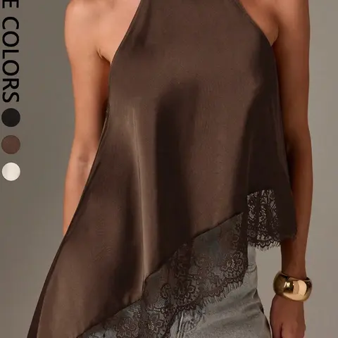 FEITAI Women's 1-Piece Smooth Satin Halter Night Out Top - Sleeveless, Chic Blouse with Asymmetrical Hem, Lace Trim, Elegant Fit for Evening Events | Women's Tank & Cami Apparel