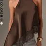 FEITAI Women's 1-Piece Smooth Satin Halter Night Out Top - Sleeveless, Chic Blouse with Asymmetrical Hem, Lace Trim, Elegant Fit for Evening Events | Women's Tank & Cami Apparel