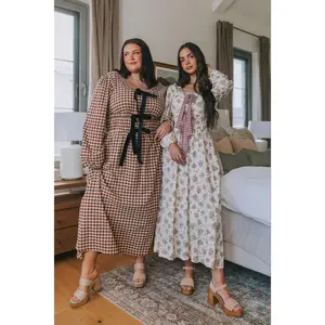 EXCLUSIVE - Taking Sides Dress - XXS-6XL Brown Gingham and Cream Floral, Long Puff Sleeves, Midi Length, Pockets, Holiday Style, All Seasons