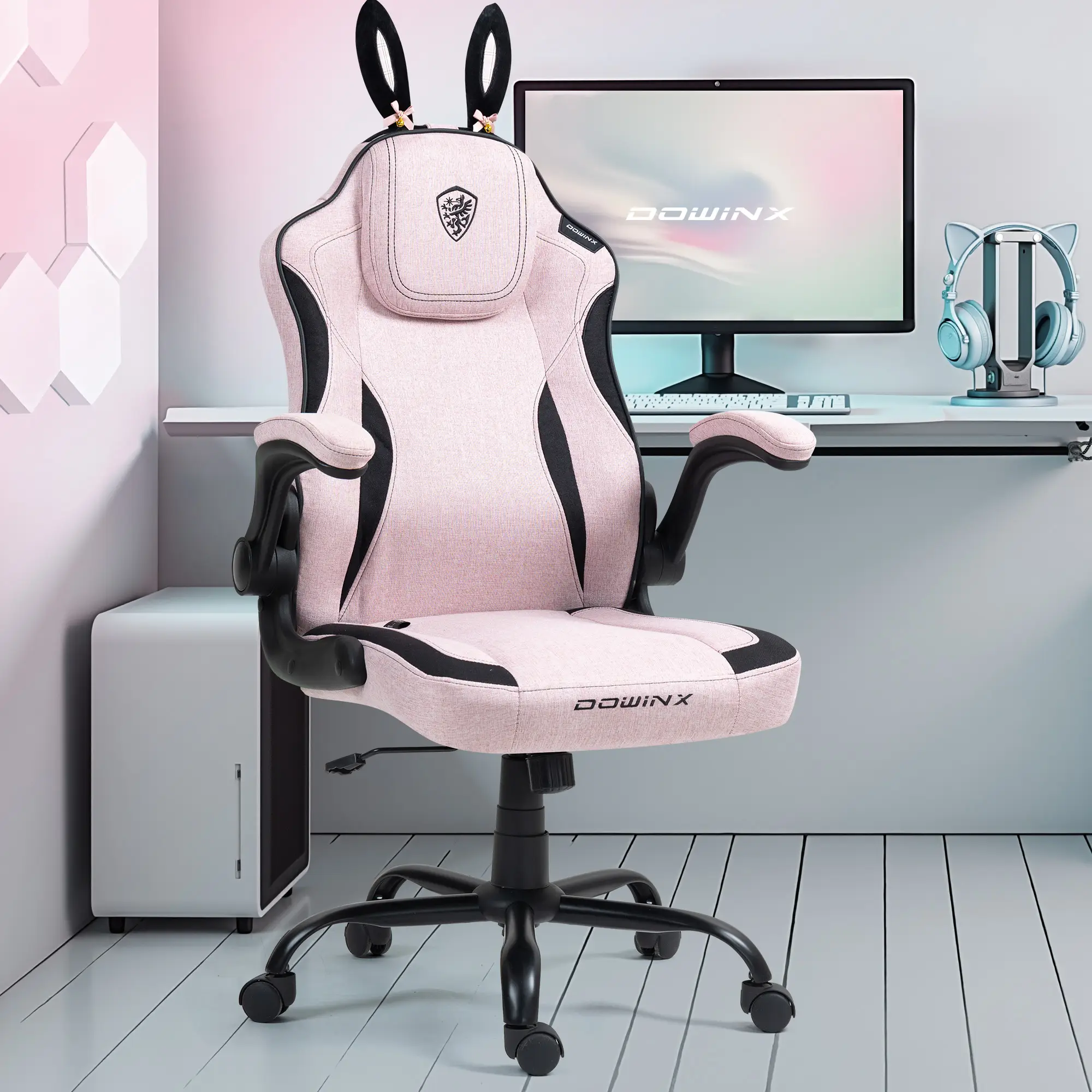 Dowinx Gaming Chair with Removable Cute Bunny Ears, Desk Game Chair Adiustable Height Cloth for Girl, Ergonomic Computer Chair for Adult, Teen, Execut
