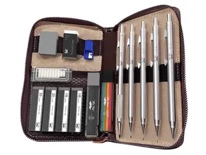Premium Metal Mechanical Pencil Set with Leather Case - 5 Sizes (0.3, 0.5, 0.7, 0.9, 2mm) for Sketching & Drafting