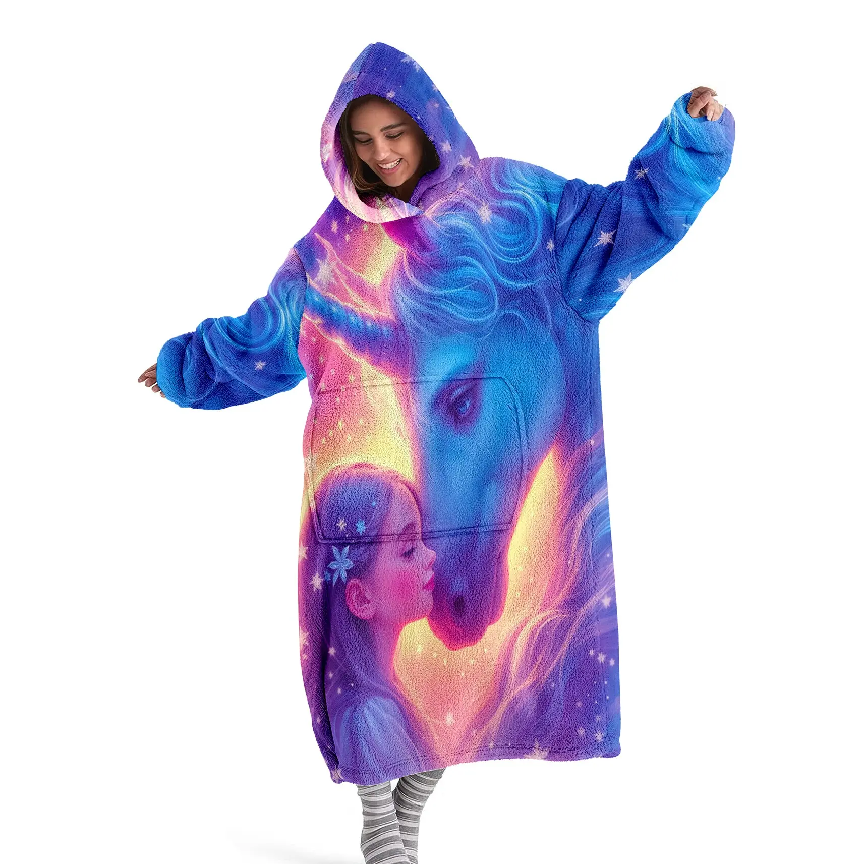Hooded Blanket, Wearable Blanket, Casual Soft Blanket, Digital Print Flannel Blanket, Soft and Warm Blanket with Blue-Purple Dream Unicorn Pattern Sofa Throw, Nap Blanket Office, Bed, Camping, Travel Holiday Gift, Valentine's Day Gift
