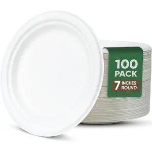 7 Inch 100PCS Compostable Sugarcane Paper Plates Disposable Eco