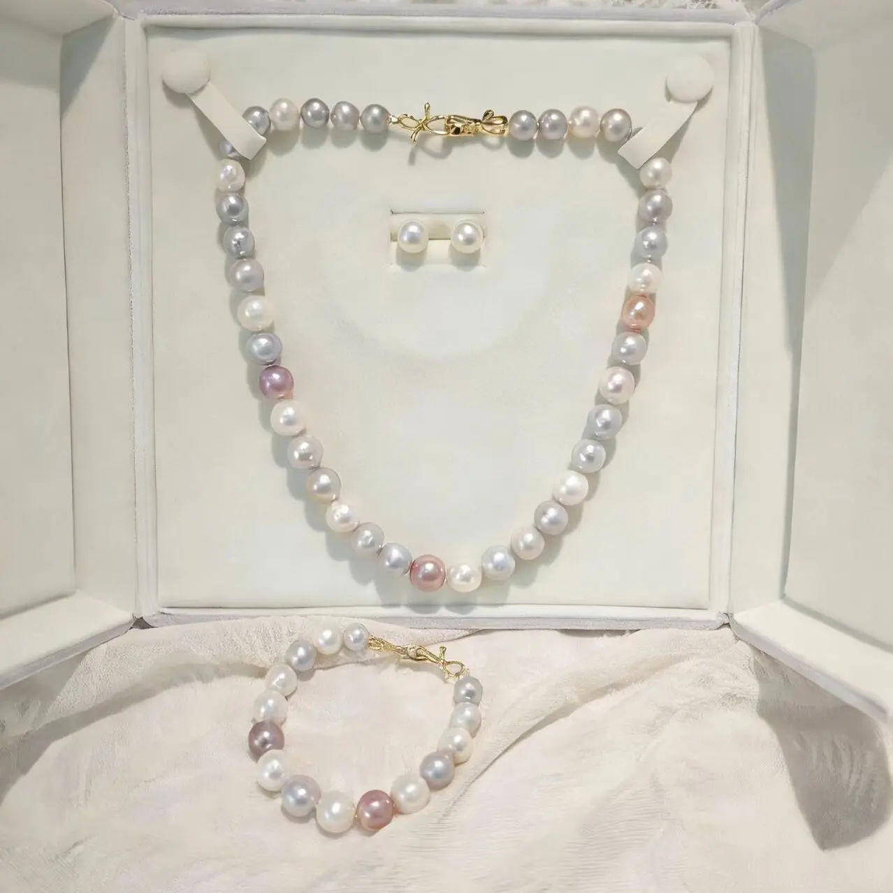 Set03-Multi-Color Edison Freshwater Pearl Jewelry Set Silver-Blue Candy Color Necklace Bracelet Earrings Affordable with Gift Box Pastel Edison Freshwater Pearl Set