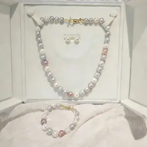 Set03-Multi-Color Edison Freshwater Pearl Jewelry Set Silver-Blue Candy Color Necklace Bracelet Earrings Affordable with Gift Box Pastel Edison Freshwater Pearl Set