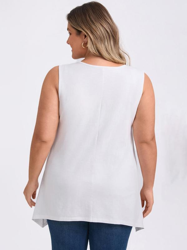 GRACE & GRANDEUR Plus Size Women Scoop Neck Sleeveless Hanky Asymmetrical Hem Top Casual Loose Fit Flowy Tank Tops with Pockets White