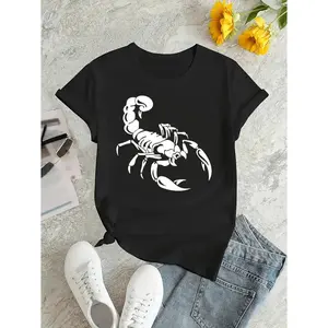 Women's Casual Sports T-Shirt with Scorpion Print, Round Neck, Short Sleeve, Knit Fabric, Polyester, Animal Pattern, All-Season Comfort Summer Top