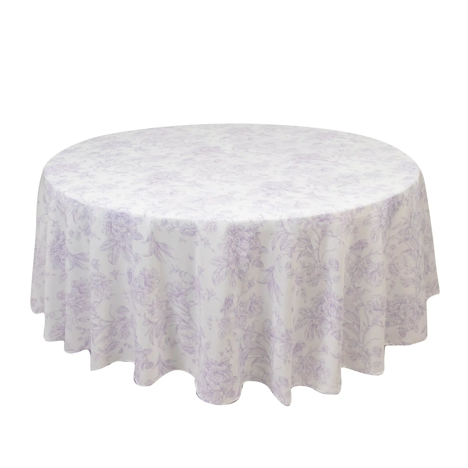108" Round Polyester Tablecloth - White with Lavender Lilac French Toile Pattern, Machine Washable, Chic for Weddings, Outdoor Banquet Table Use, Wedding, Machine Wash