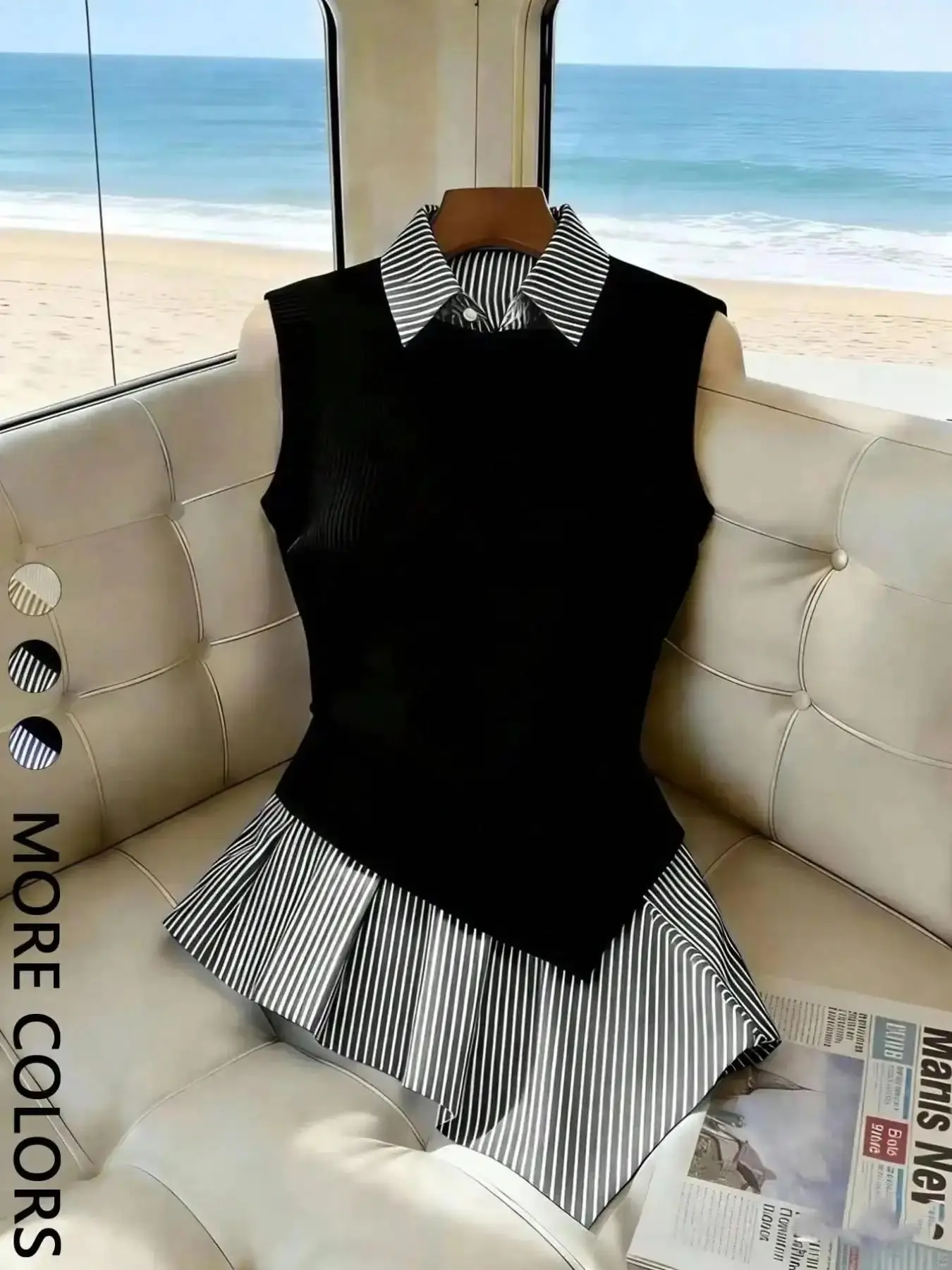 Refined 1pc Elegant Fake Two-Piece Striped Patchwork Sleeveless Knit Top Matching Set, Collared Slimming Shirt, Versatile Blouse for Work, Dating & Daily Wear, Fit, Wardrobe Staple, Long Lasting, Easy Fit