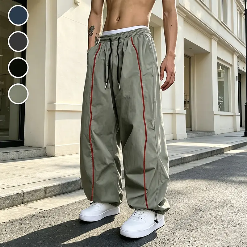 Lightweight Quick Dry Men Loose Wide Leg Pants, Wind Resistant Daily Wear Jogging Trousers with Side Striped Detail, Dual Drawstring Elastic Waist, Slant Pockets for Travel & Commute