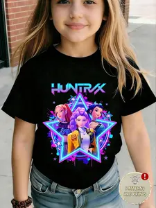 Single Piece Kpop Hunter Girl Group Print Round Neck Short Sleeve Top, Summer Comfort Music Festival Trendy Casual Wear