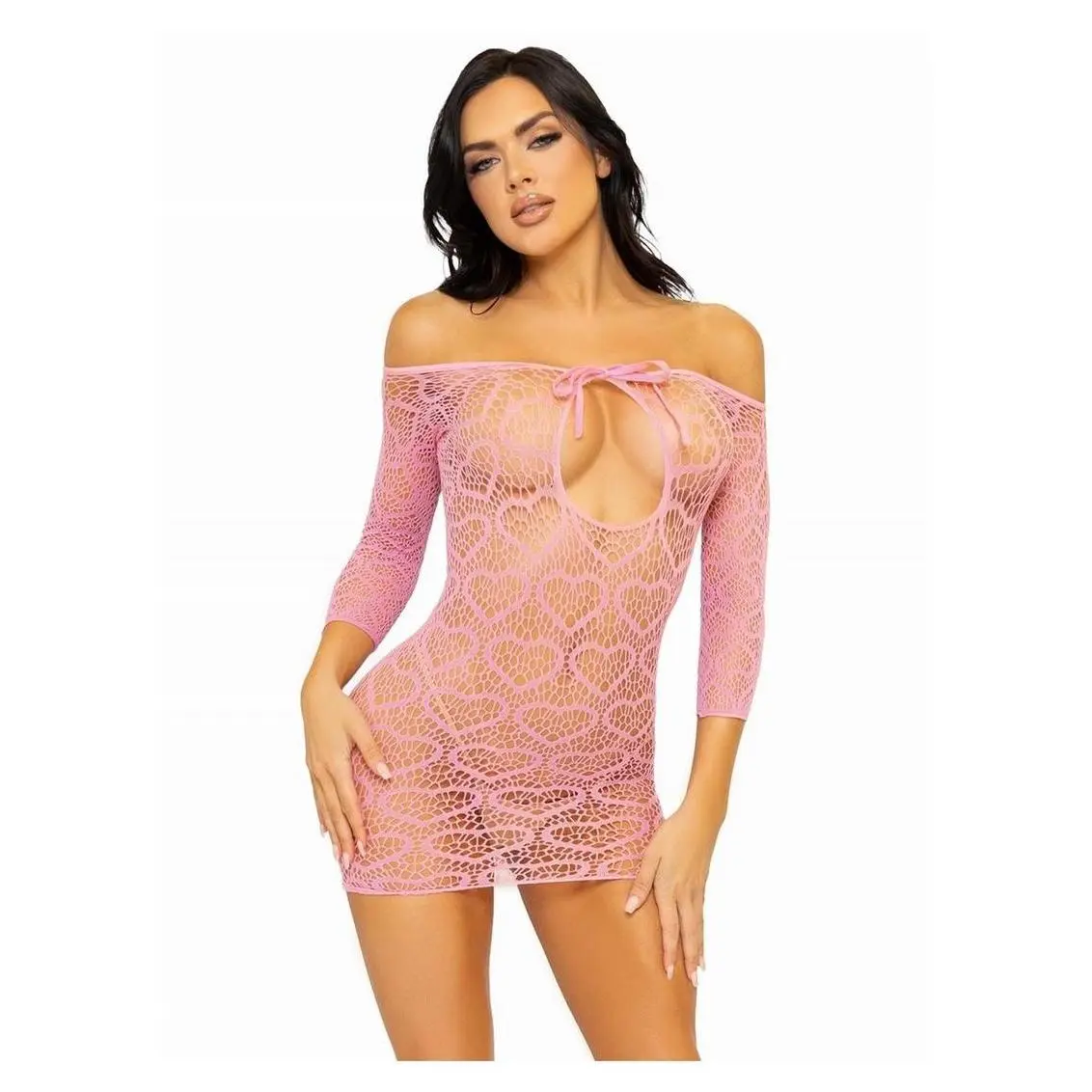 Leg Avenue Seamless Heart Net Mini Dress with Keyhole Tie Front