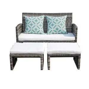 Orange-Casual Outdoor Loveseat Patio Furniture Rattan Conversation Set with Ottoman, White Cushions, Grey Wicker, Pillows Included
