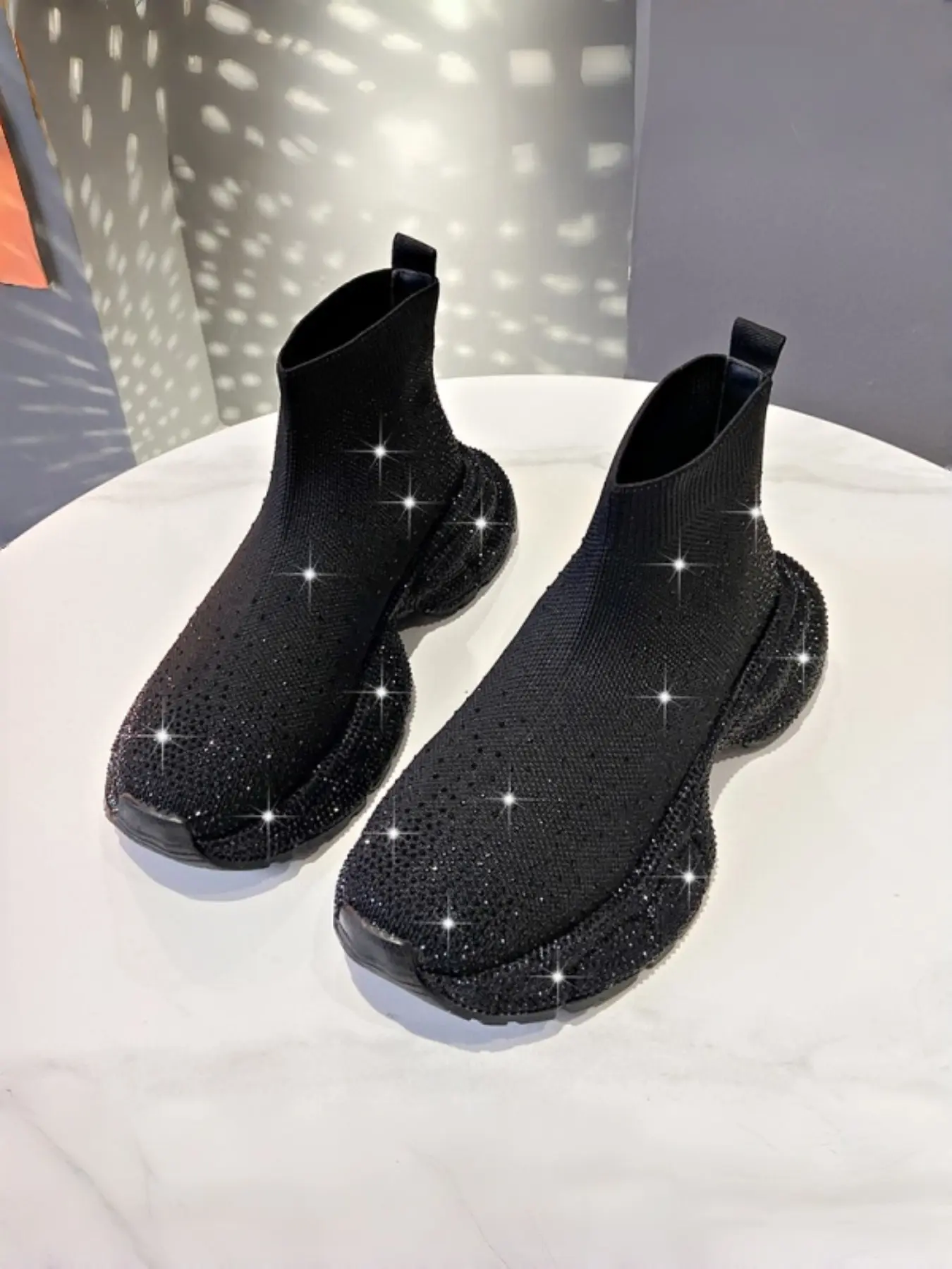 Trendy Starry Rhinestone Flyknit Thick Sole Dad Boots, Fashion Versatile Elastic Sock Boots, Height Boost Slimming Non-Matching Full Rhinestone High Top Casual Shoes
