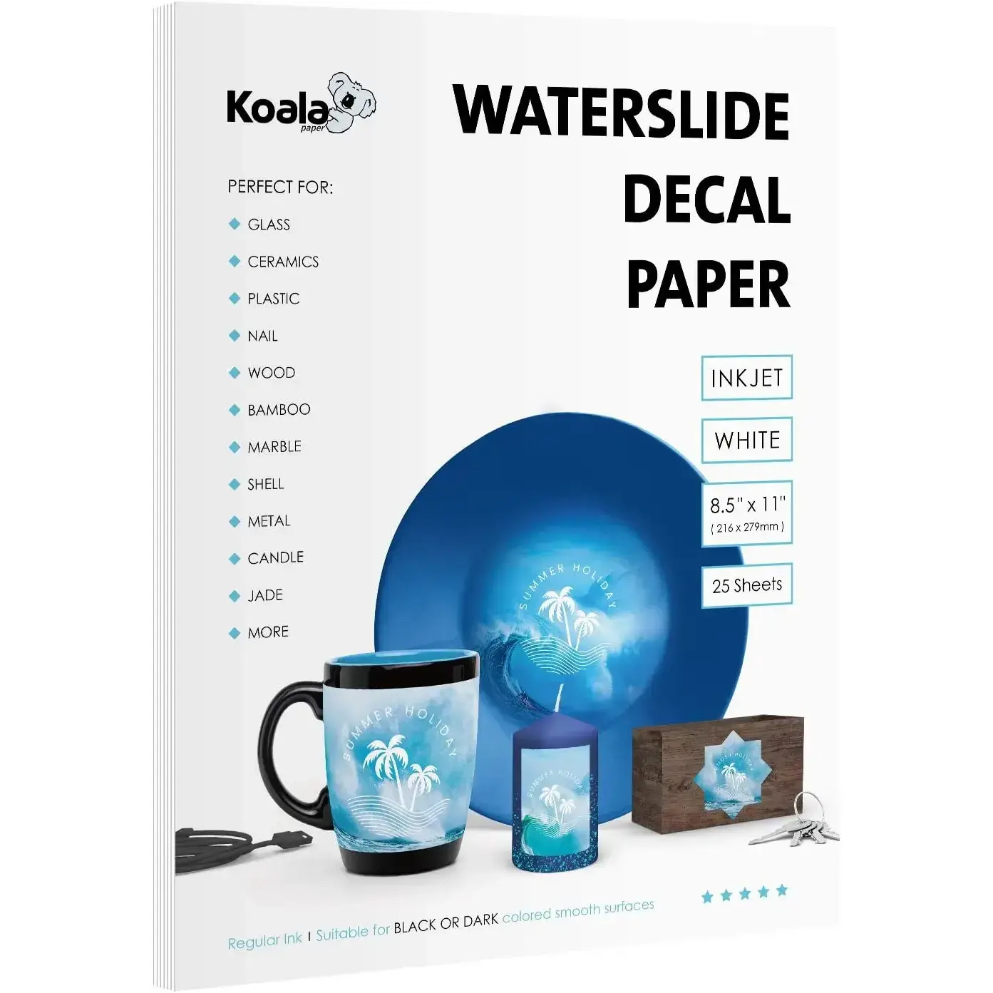 Koala White Waterslide Decal Paper - 25 Sheets, 8.5x11 inches, Compatible with All Inkjet Printers, Fade Resistant, for DIY Personalized Handmade Custom Designs on Tumblers, Mugs (Holiday-Themed Projects), Long-Lasting Transfers