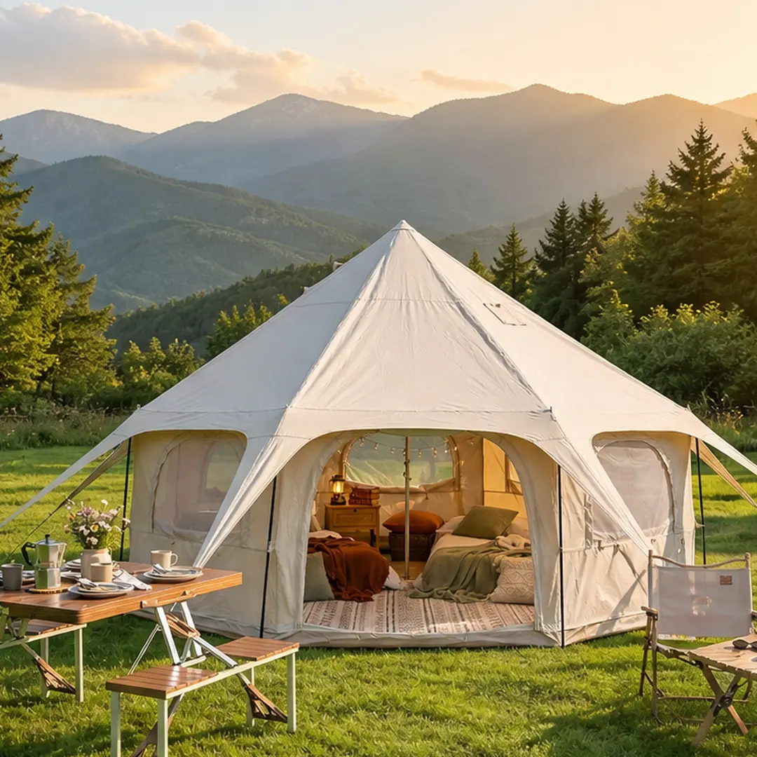 ARCH 14.8ft x 9.2ft 600D Oxford Bell Tent with Stove Jack, Khaki Glamping Canvas Tent for Family Camping, Large 8-Pole Frame Tent with Roll-Up Sidewalls, 2 Doors & Mesh Windows, All-Season Outdoor Shelter for Backyard Parties & Music Festivals