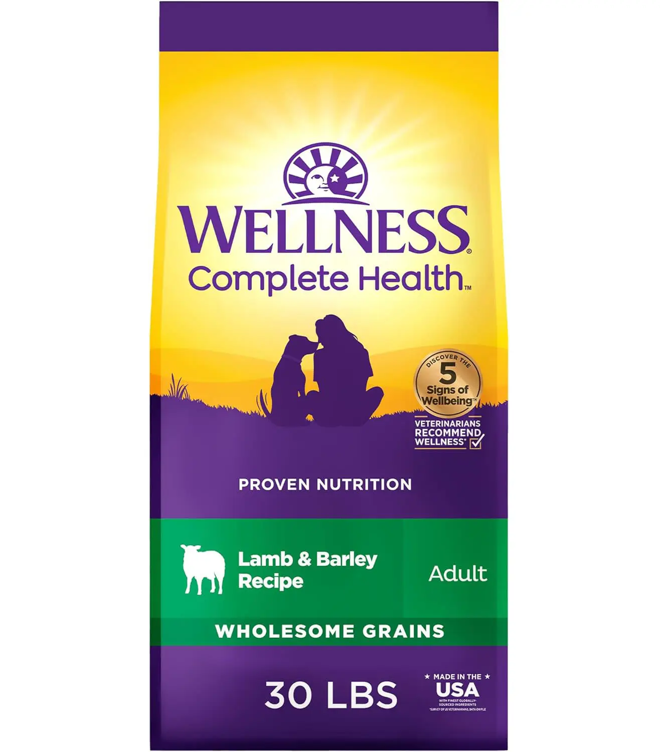 Wellness Complete Health Dry Dog Food with Grains, Made in USA with Real Meat & Natural Ingredients, All Breeds, Adult Dogs (Lamb & Barley, 30-lb) – With Nutrients for Immune, Skin, & Coat Support,