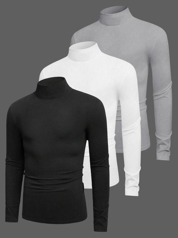 3pcs Men's Solid Color Casual Turtleneck Long Sleeve T-Shirt, Mens Fall And Winter Base Shirt, Men's Spring High Neck Shirt, Men's Summer Half High Neck Shirt, Men'S Casual Top Jacket, Suitable For All Seasons Of Casual Items 3pcs Men's Solid Color Casual Turtleneck Long Sleeve T-Shirt, Mens Fall And Winter Base Shirt, Men's Spring High Neck Shirt, Men's Summer Half High Neck Shirt, Men'S Casual Top Jacket, Suitable For All Seasons Of Casual Items