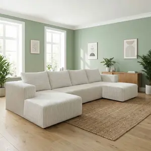 QIMENG U-Shaped Modular Upholstered Sectional Sofa Couch - Fixed Arms, Boneless Compressed Corduroy, Memory Foam Modern Convertible Sleeper, Space-Saving, 3-Package Shipping (White), U Shaped Sectional