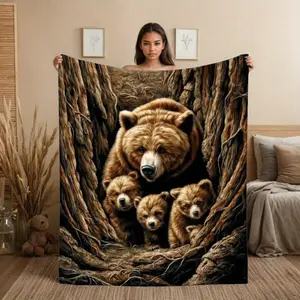 Adorable Brown Bear Family in Tree Cave Design Cozy Fleece Blanket – Warm & Stylish Home Decor for Nature Enthusiasts