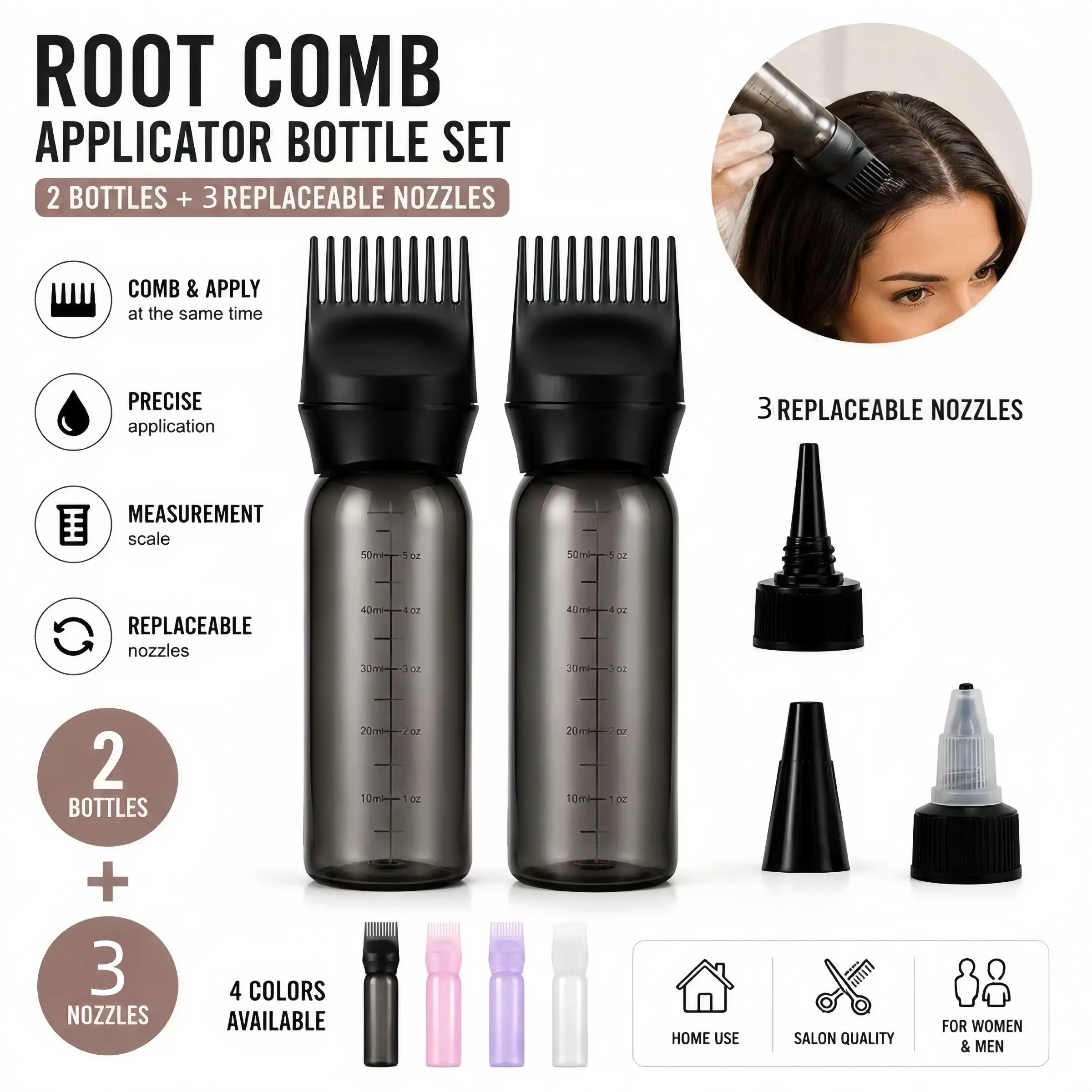 Root Comb Applicator Bottle Multi-Functional Hair Dye & Scalp Treatment Tool, Hair Color Tools, Hair Coloring Comb Bottle with Measurement Scale & Replaceable Nozzle for Root Touch Up, Hair Oil Application, Salon & Home Use for Women Men Barbers