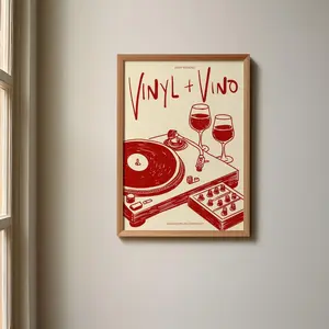 Vinyl & Vino Print | Music Poster | Home Decor | Wine | Illustration | Record | Bar | Trendy | Retro | Kitchen Dining Room | Mid Century