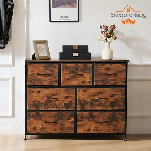 Sweetcrispy Rectangular Cupboard Furniture - Modern 7-Fabric-Bin Chest Drawers, Bedroom Dresser with Drawer Organizer Storage Unit, 66lbs Capacity for Bedroom, Nursery