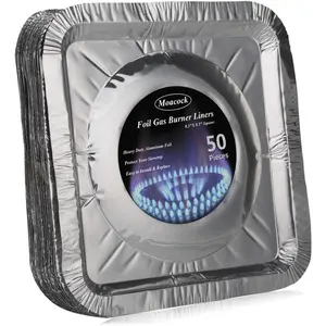 50 Pack Aluminum Foil Square Stove Burner Covers Disposable Heavy Thick Quality Bib Liners Drip Pans Gas Range Top Protectors 8.5”