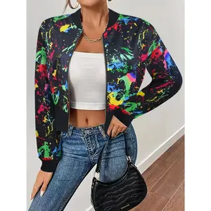 Graffiti Print Bomber Jacket, Casual Zip Up Long Sleeve Outerwear, Women's Clothing