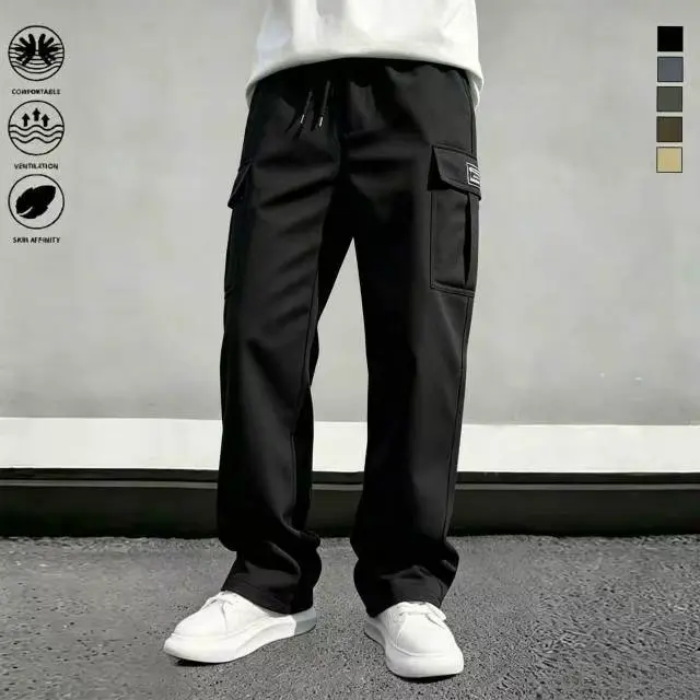 Men's Loose Cut Cargo Sweatpants, Casual Straight Fit Trousers in Breathable Fabric with Side Cargo Pockets and a Drawstring Waist, Breathable Fabrics, Long Pants