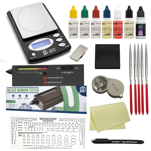 Portable Jewelry Authentic Kit for Appraisal Full Set - GTE 1000g x.1g Digital Scale, Acid Test Stone, Diamond/Gemtone Analyzer, Neutralizing Solution, Earth Magnet, 5-Pc Diamond Needle File Set for Gold,Silver,Platinum Value Determination