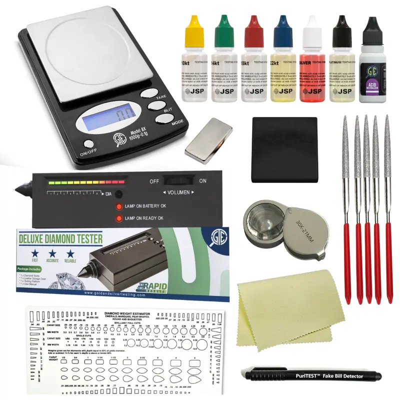 Portable Jewelry Authentic Kit for Appraisal Full Set - GTE 1000g x.1g Digital Scale, Acid Test Stone, Diamond/Gemtone Analyzer, Neutralizing Solution, Earth Magnet, 5-Pc Diamond Needle File Set for Gold,Silver,Platinum Value Determination