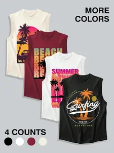 Men's Summer Beach Graphic Sleeveless Tank Tops, 4 Pack Retro Tropical Palm Tree Print Loose Fit Crew Neck Muscle Tanks, Casual Breathable Cotton Sleeveless Shirts for Surfing Vacation Gym, 2026 Trending Streetwear Vibe for Men