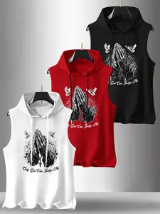 Men's 3-Pack Letter Graphic Hooded Sleeveless T-Shirt, Casual Comfortable Hoodie Vest, Summer Outdoor Fitness Wear, Sportswear Clothing