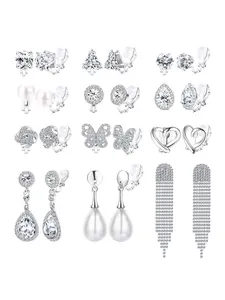 Gold Silver Clip on Earrings for Women Trendy Pearl Drop Dangle Non Pierced Earrings Pack Butterfly Heart CZ Rhinestone Crystal Simulated Diamond Long Chandelier Clip on Brilliant Stud Earrings Set