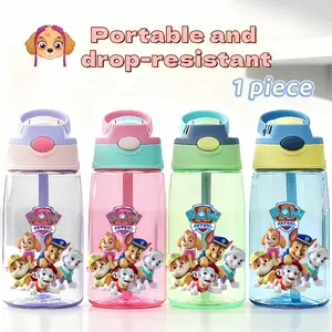 Cute Cartoon Pattern Kids Water Bottle with Handle and Silicone Straw, 16oz Leak-Proof Lid, 4 Colors, Perfect for School, Office, Outdoor Sports