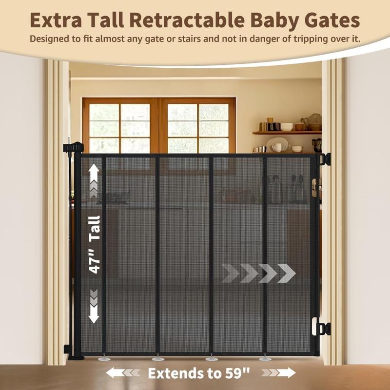 SMONTER 47” Extra Tall Retractable Baby Gate, (Newly upgraded hook design) Reinforced Mesh Dog Gate Extends to 59" Wide, Baby Gate for Stairs, Doorways, Hallways, Indoor and Outdoor, Black