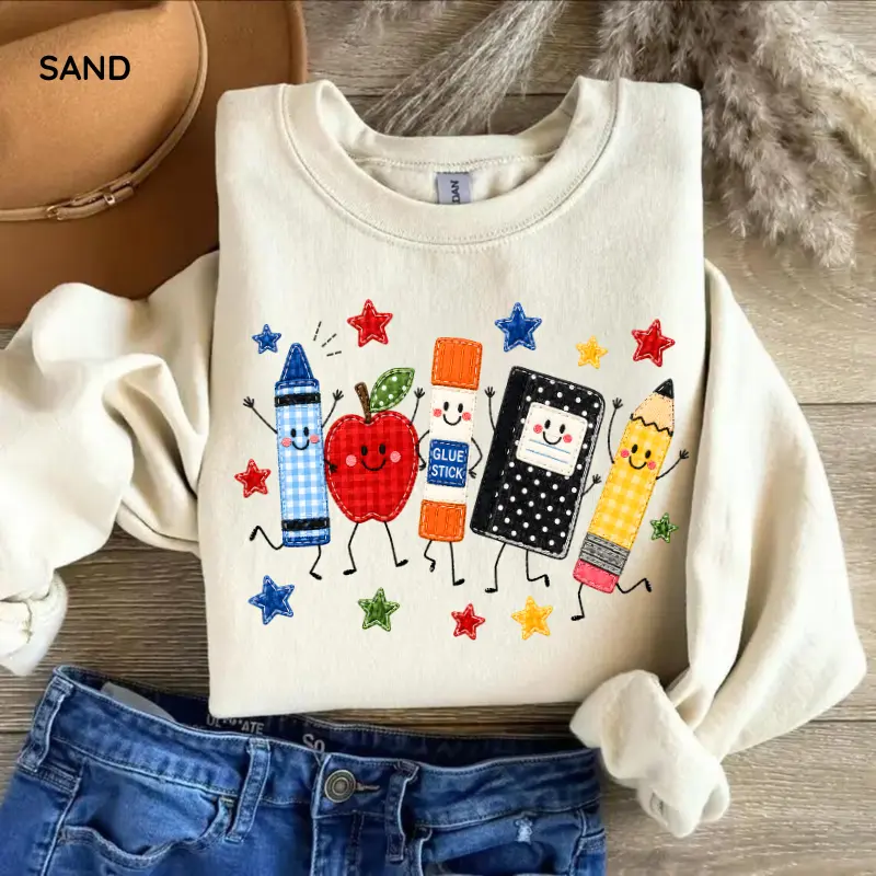 Back to School Sweatshirt, Apple Pencil Notebook Graphic Sweatshirt, Doodle School Teacher Sweater, Cute Teacher Gift, Gildan Crewneck
