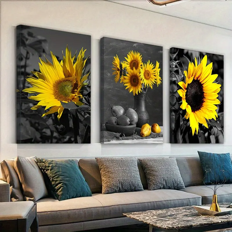 3-Piece Sunflower Spray Paint Print Posters, Home Decor Wall Art, Indoor Supplies for Living Room, Bedroom