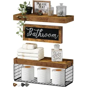 ?Bathroom Shelves Over Toilet - Paper Storage Wall Mounted Farmhouse Decor Decorations Aesthetic Decor Sign Small Floating Shelf 2+1 Set 16 inch, Rustic Brown (020BN)