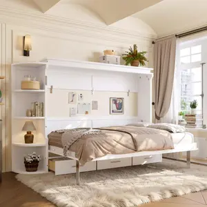 [Bellemave]（4 packages）Full/Queen Size Murphy Platform Bed with Shelf, Side Cabinets, and Drawers , Home Office Space Saver