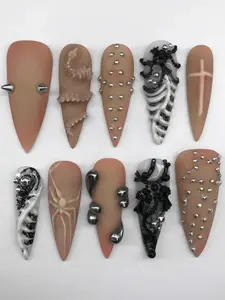 Gothic 3D Skeleton Press On Nails, Nude Black Spiked Almond Nails, Edgy Punk Handmade Fake Nails Set, 3D Bone Structure Nails