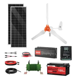 fathersdaygift VEVOR 12V 600W Solar Wind Power Kit, 2PCS 100W Solar Panel+ 400W Wind Turbine+ 12.8V 100Ah LiFePO4 Battery+ 1000W Power Inverter+ MPPT Wind/Solar Hybrid Controller for Home RV Boat Farm Off-Grid