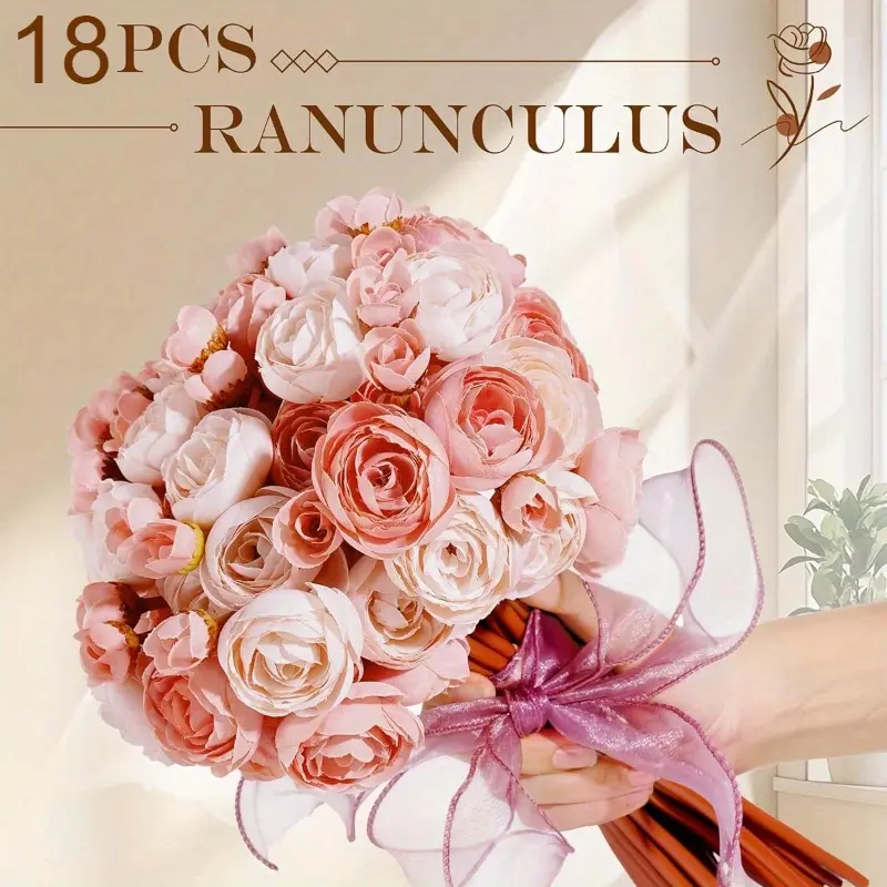 18pcs artificial silk buttercup flowers, real touch, used for home, garden, wedding, party and holiday decoration, DIY flower arrangement, pink roses