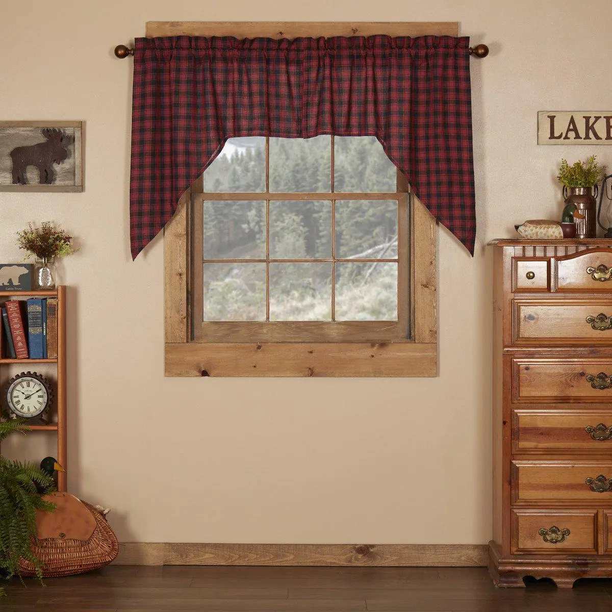 Boone Trace Swag Curtains, Cotton Fabric with Caviar-Chili Pepper Plaid Pattern, Machine Washable Household Textile Curtain Accessory