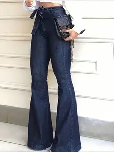 Autumn women's solid color belted elastic flared jeans for daily commuting