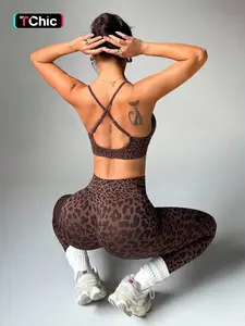 Women's Spring Summer Leopard Print Two-Piece Set, Adjustable Straps Backless Top + High Waist Slim Fit Pants, Moisture Wicking Yoga Fitness, Athleisure Activewear Set