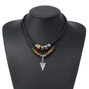 Vintage Fashion Handmade Braided Necklace, Alloy Arrow Leather Wax String Wood Bead Double Layer Pendant, Unique Jewelry Accessory